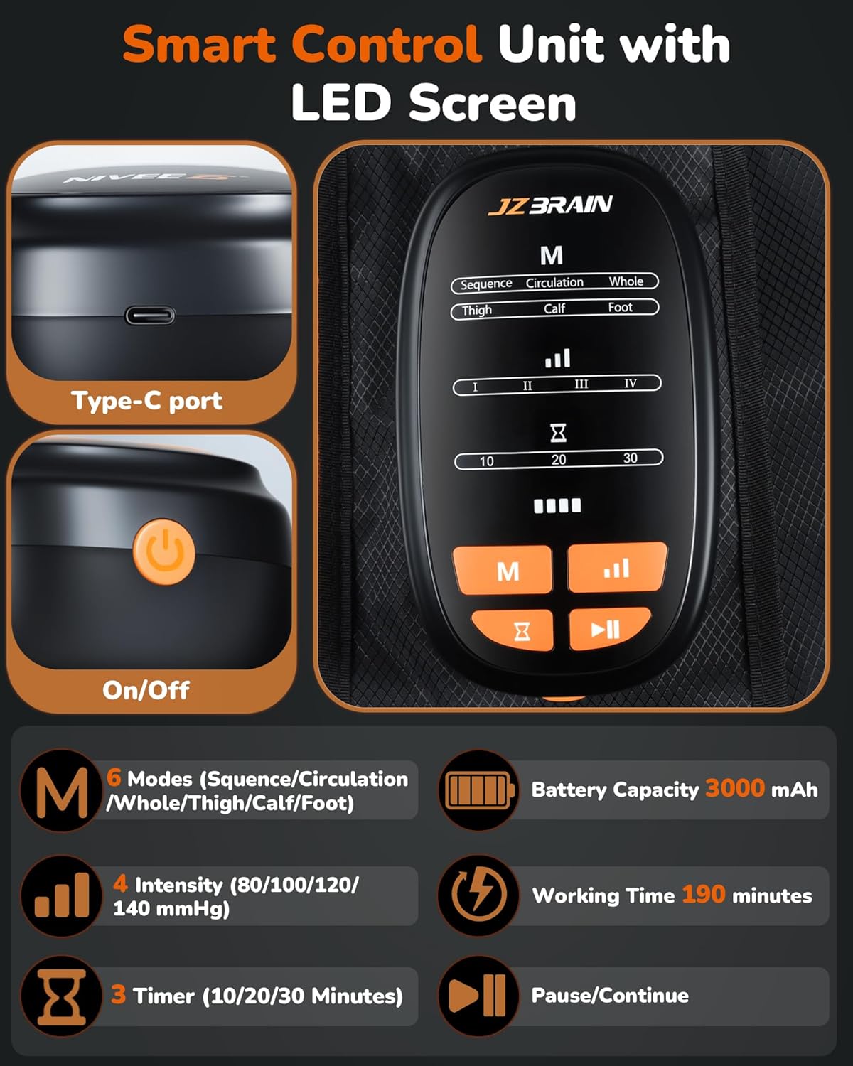 JZBRAIN Professional Compression Boots to Improve Circulation, Cordless Rechargeable leg compression massager for Massage Therapy,leg Recovery boots for Athletes,Reduces Muscle Pain, 3000 mAh, Large